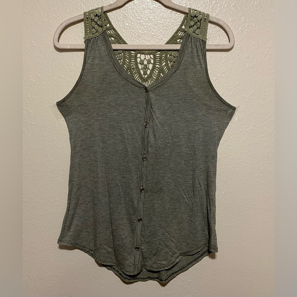 H.I.P. Sage Green Racerback Lace Button-Front Tank Top | Boho Summer Top | M - Picture 3 of 5
